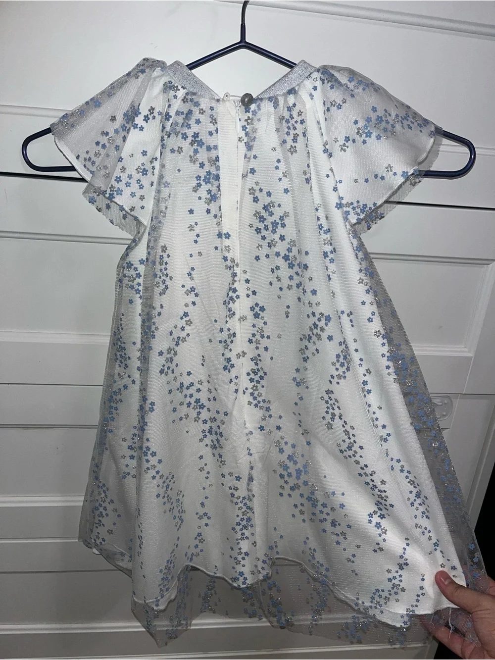 Dior girls White Mesh flowy Dress with Blue,Silver and glittery Floral details